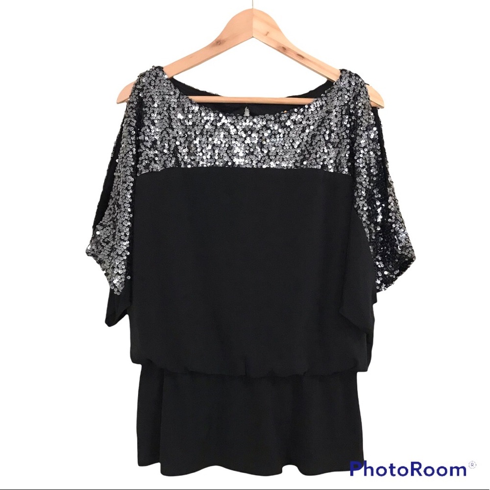 Cachet Blouse Black Silver With Silver Sequins Split Sleeves